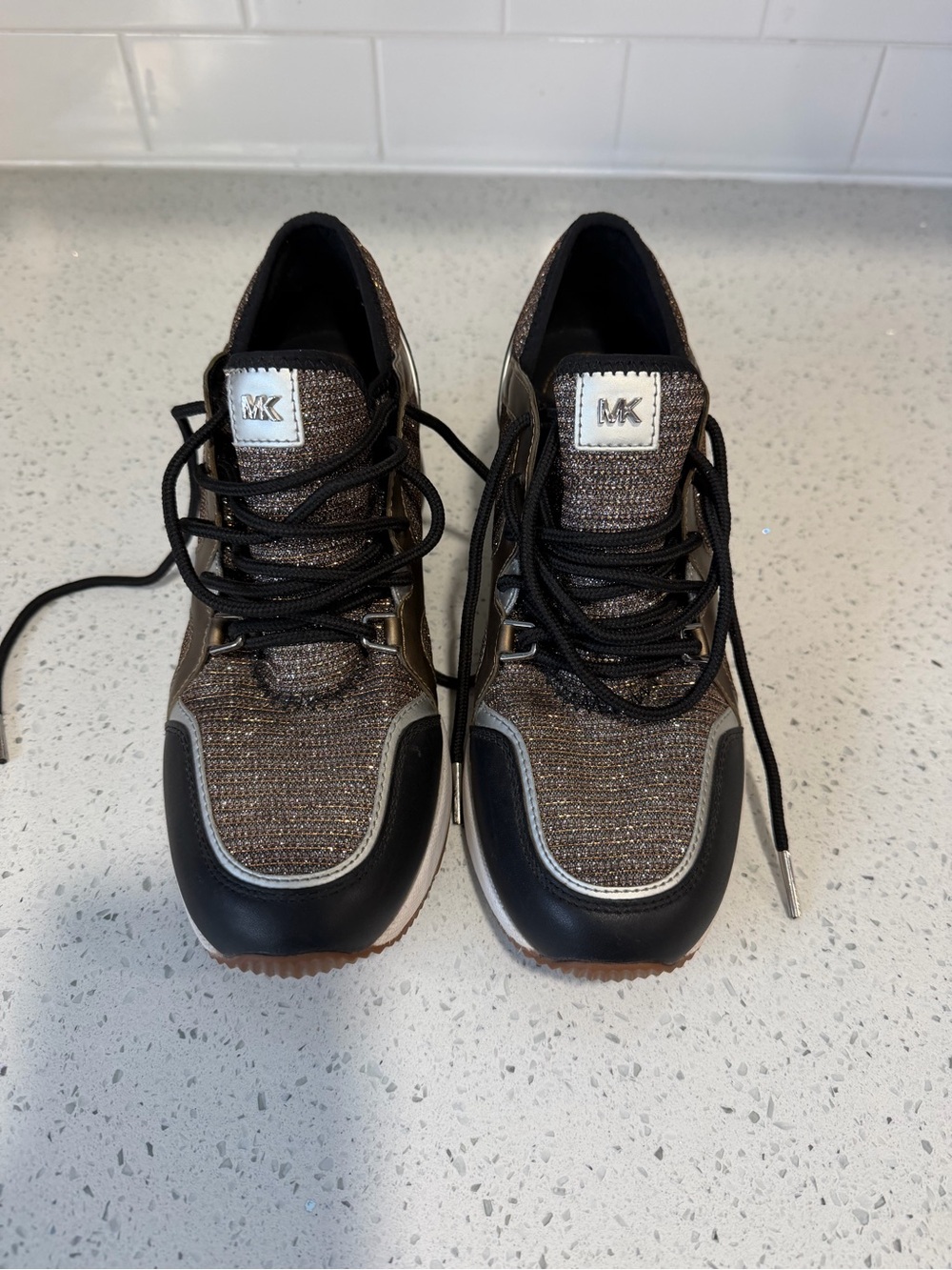 Michael Kors Bronze Metallic Knit & Black Leather Sneakers